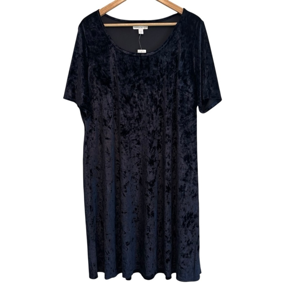 NEW Women's 2X Midnight Navy Blue Crushed Velvet Shift Casual Stretch PLUS Dress